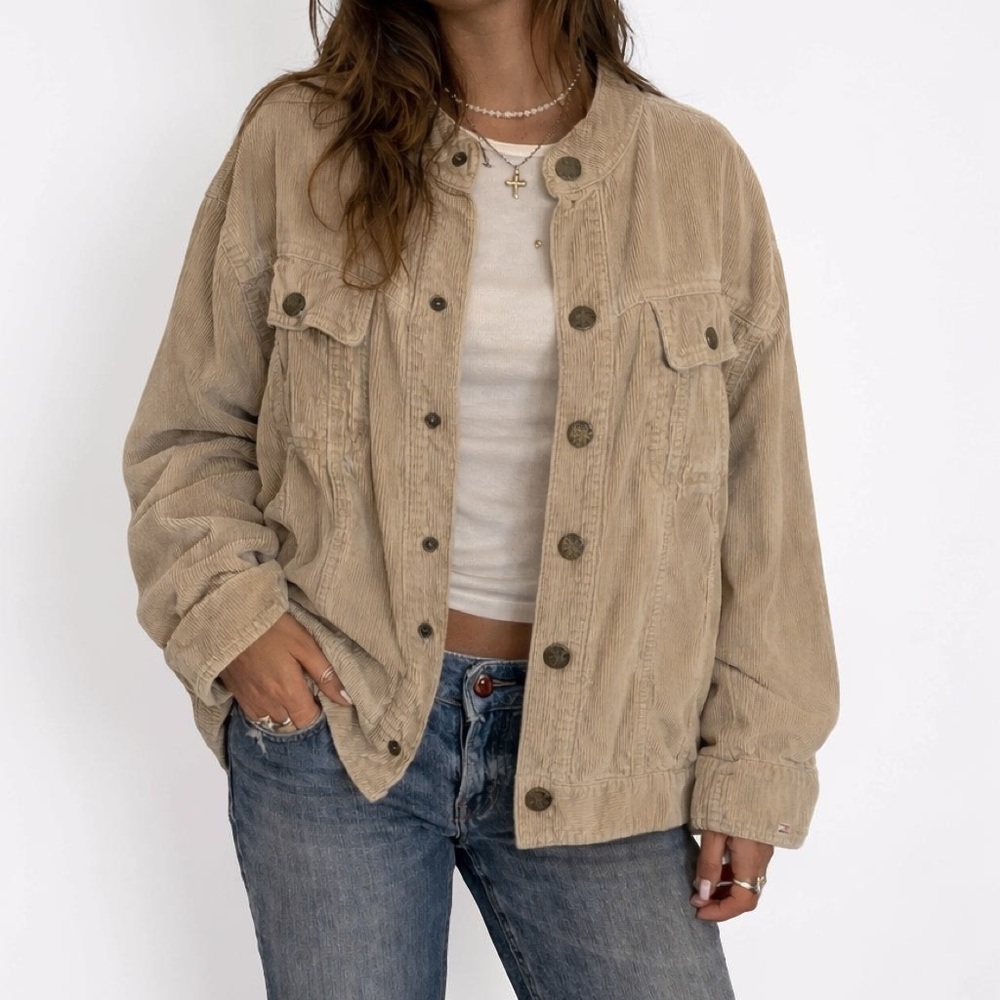Y2K Tommy Hilfiger Women Tan Corduroy Jacket 1X Band Collar Button Front